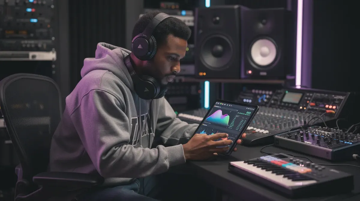 Artist reviewing streaming analytics on a tablet in a recording studio
